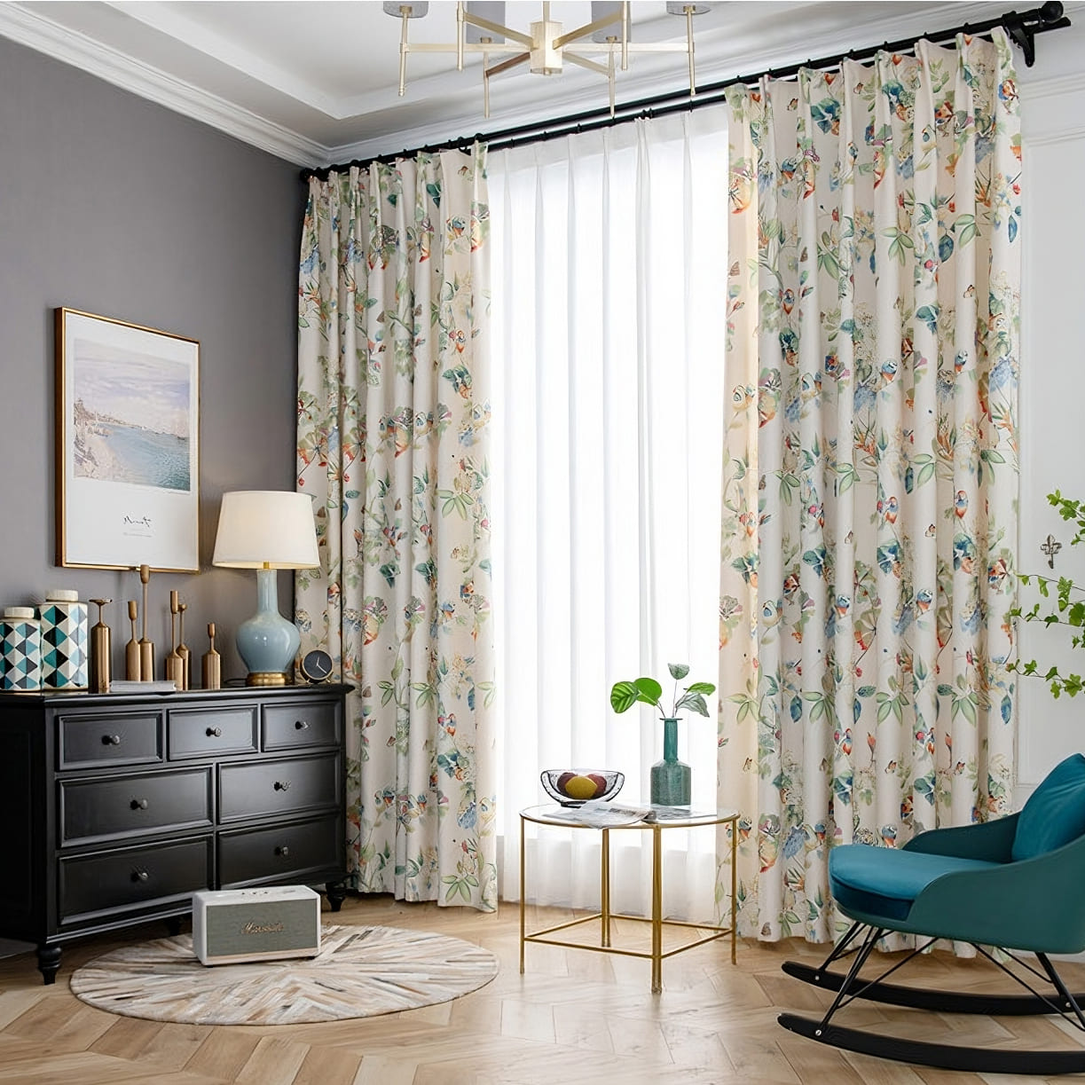 American Country Pastoral Natural Parrot Flower Pinch Pleat Curtains