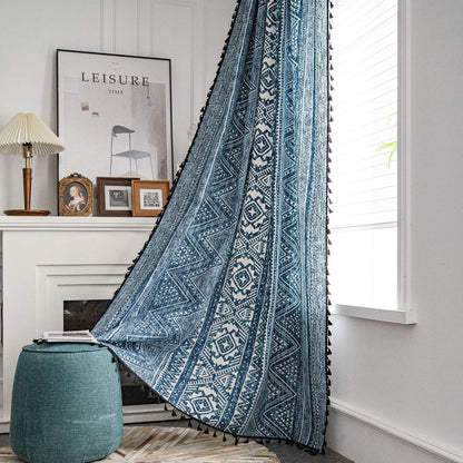 Elegant Bohemian Blue Geometric Pattern Curtain Drapes with Tassels