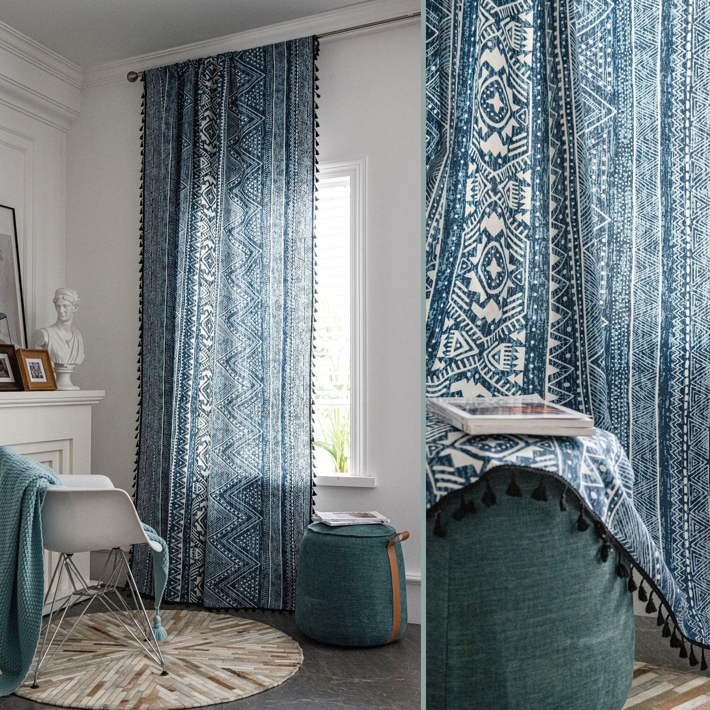 Elegant Bohemian Blue Geometric Pattern Curtain Drapes with Tassels