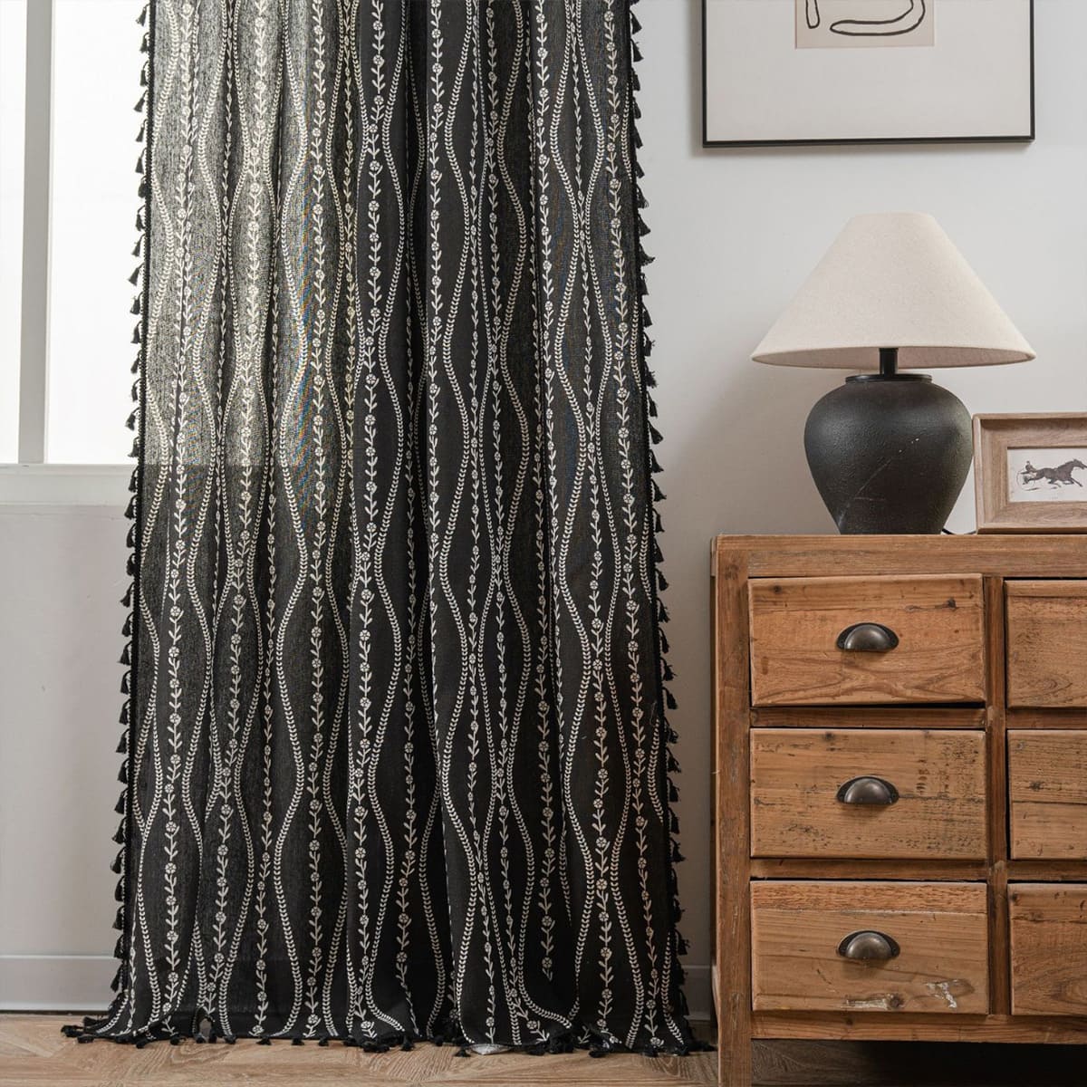 White Vine Pattern Sophisticated Black Curtains Black Tassels