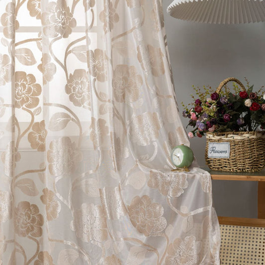 Beige Ciselé Velvet Jacquard Floral Sheer Curtains