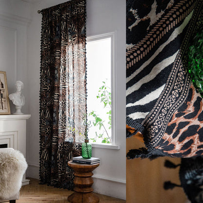 Exotic Safari Wild Leopard Patchwork Curtains Print Geometry Drapes With Black Tassels