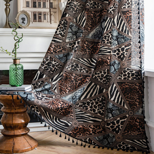 Exotic Safari Wild Leopard Patchwork Curtains Print Geometry Drapes With Black Tassels