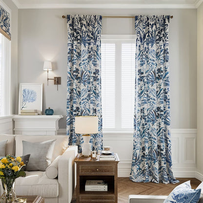 Tropical Serene Blue Floral Print Curtain Drapery