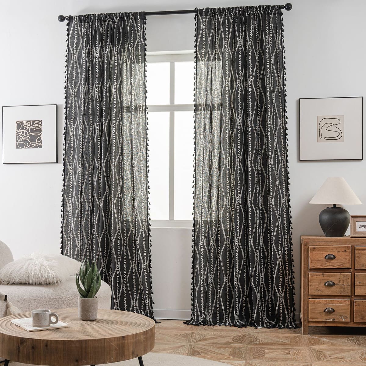 White Vine Pattern Sophisticated Black Curtains Black Tassels