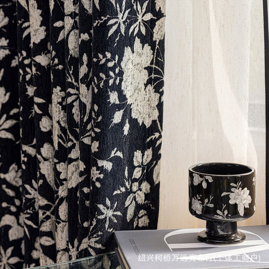 Blackout Retro American Design Chenille Jacquard Black Curtains White Floral