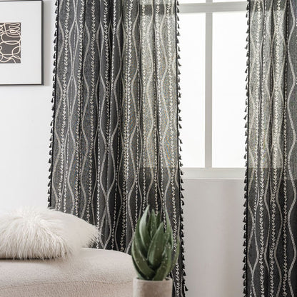 White Vine Pattern Sophisticated Black Curtains Black Tassels