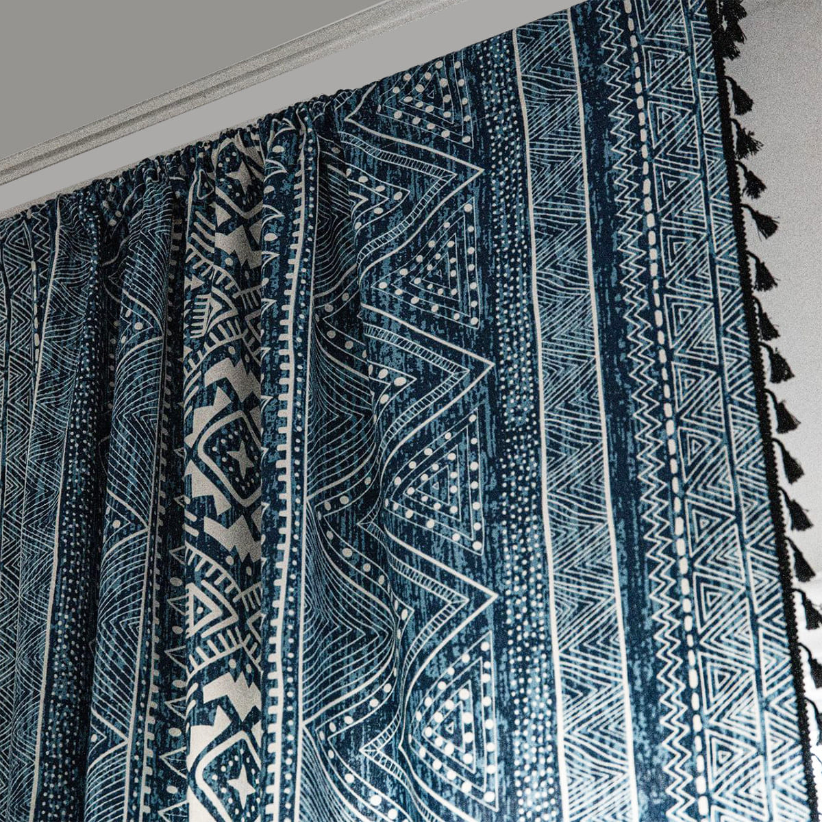 Elegant Bohemian Blue Geometric Pattern Curtain Drapes with Tassels