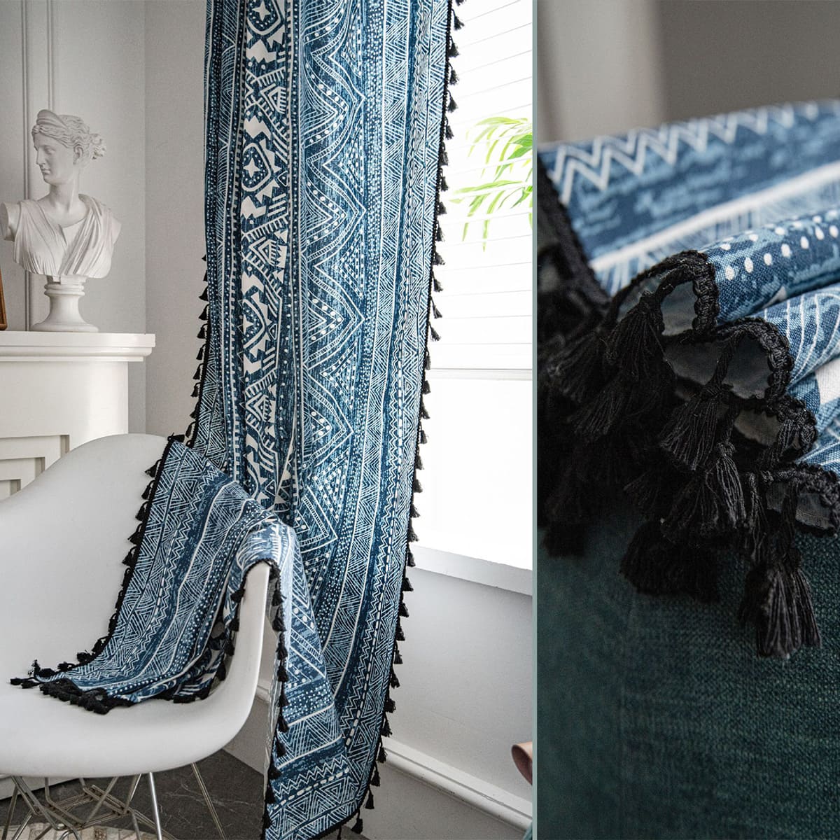 Elegant Bohemian Blue Geometric Pattern Curtain Drapes with Tassels