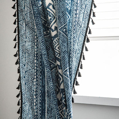 Elegant Bohemian Blue Geometric Pattern Curtain Drapes with Tassels