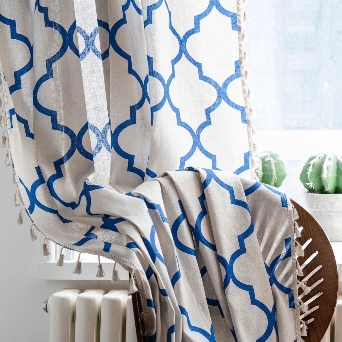 Bohemian Blue Geometric Quatrefoil Curtains with Tassels