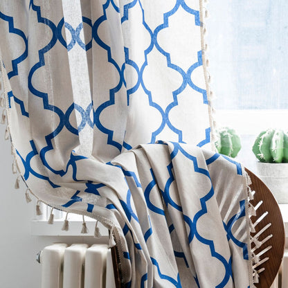 Bohemian Blue Geometric Quatrefoil Balloon Shade Curtains with Tassels