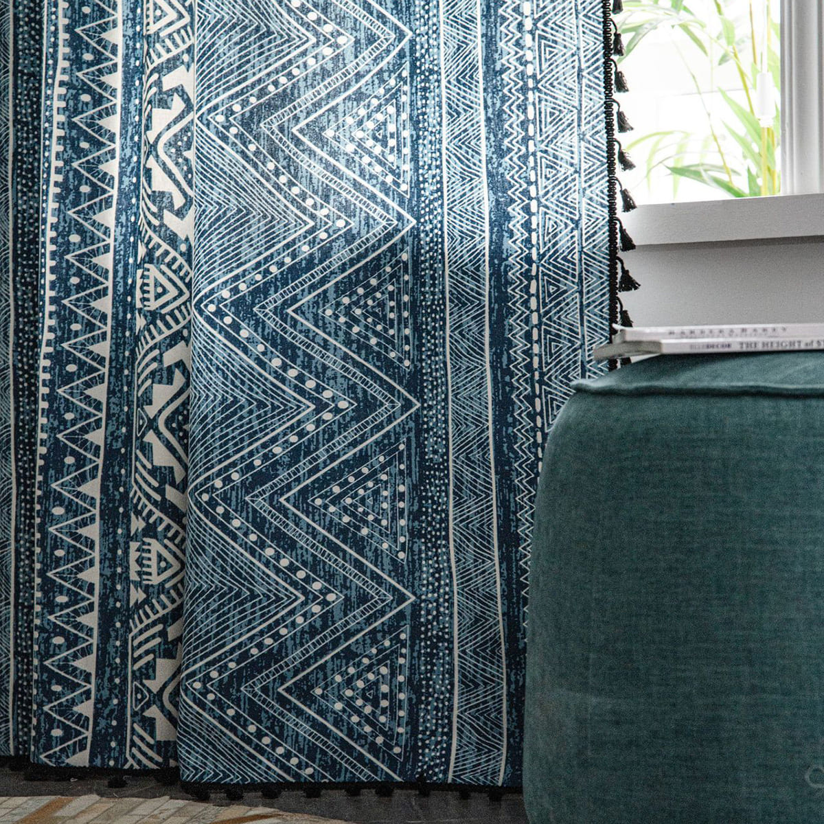 Elegant Bohemian Blue Geometric Pattern Curtain Drapes with Tassels