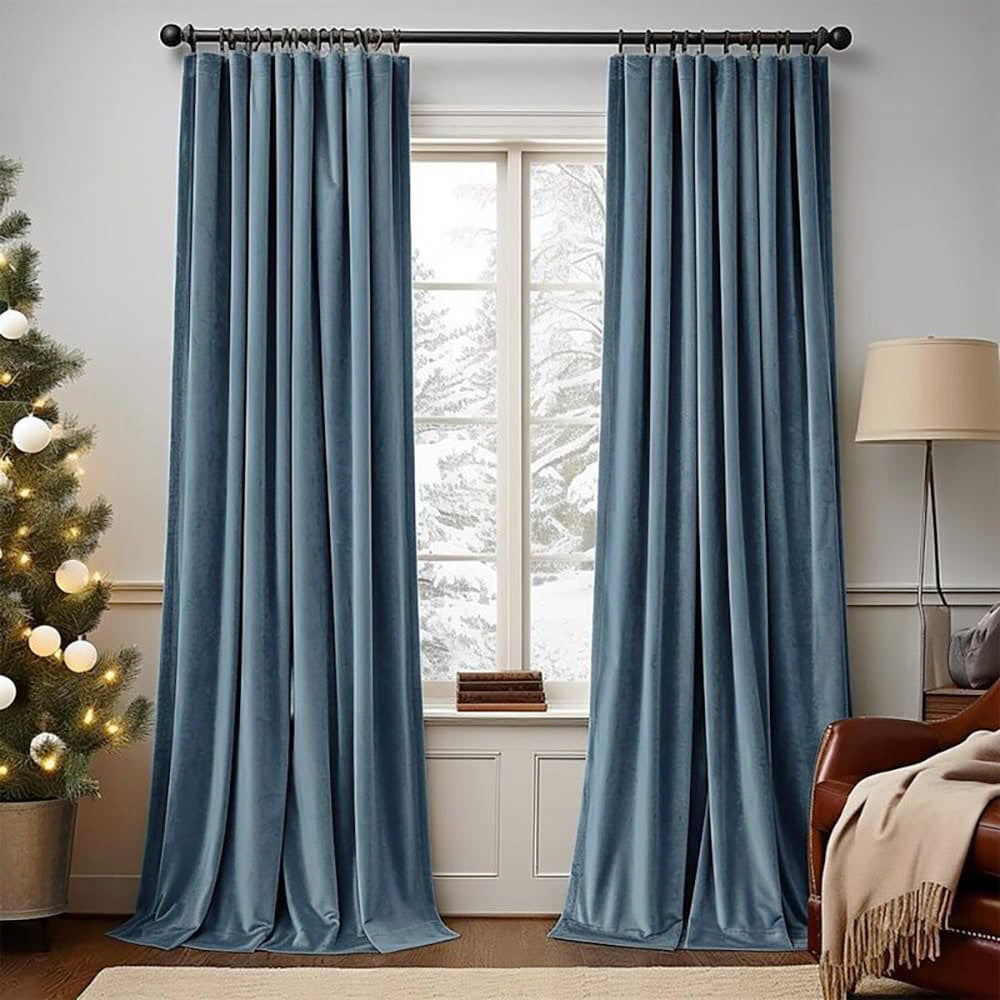 Powderblue Velvet Pinch Pleat Curtains and Drapes for Living Room/Bedroom