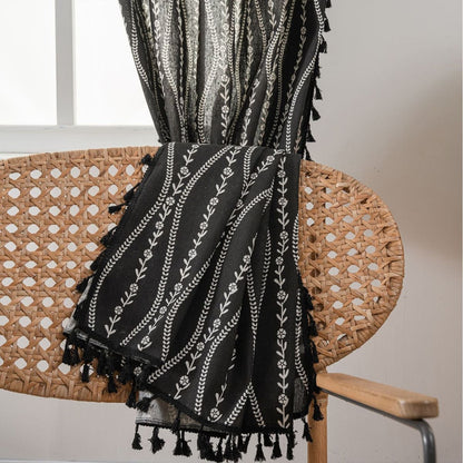 White Vine Pattern Sophisticated Black Curtains Black Tassels