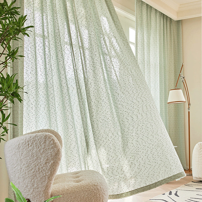 French Chanle Style Graceful Balloon Shade Sheer Curtains Mint Green/Light Brown/White