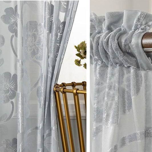 Gray Ciselé Velvet Jacquard Floral Sheer Curtains