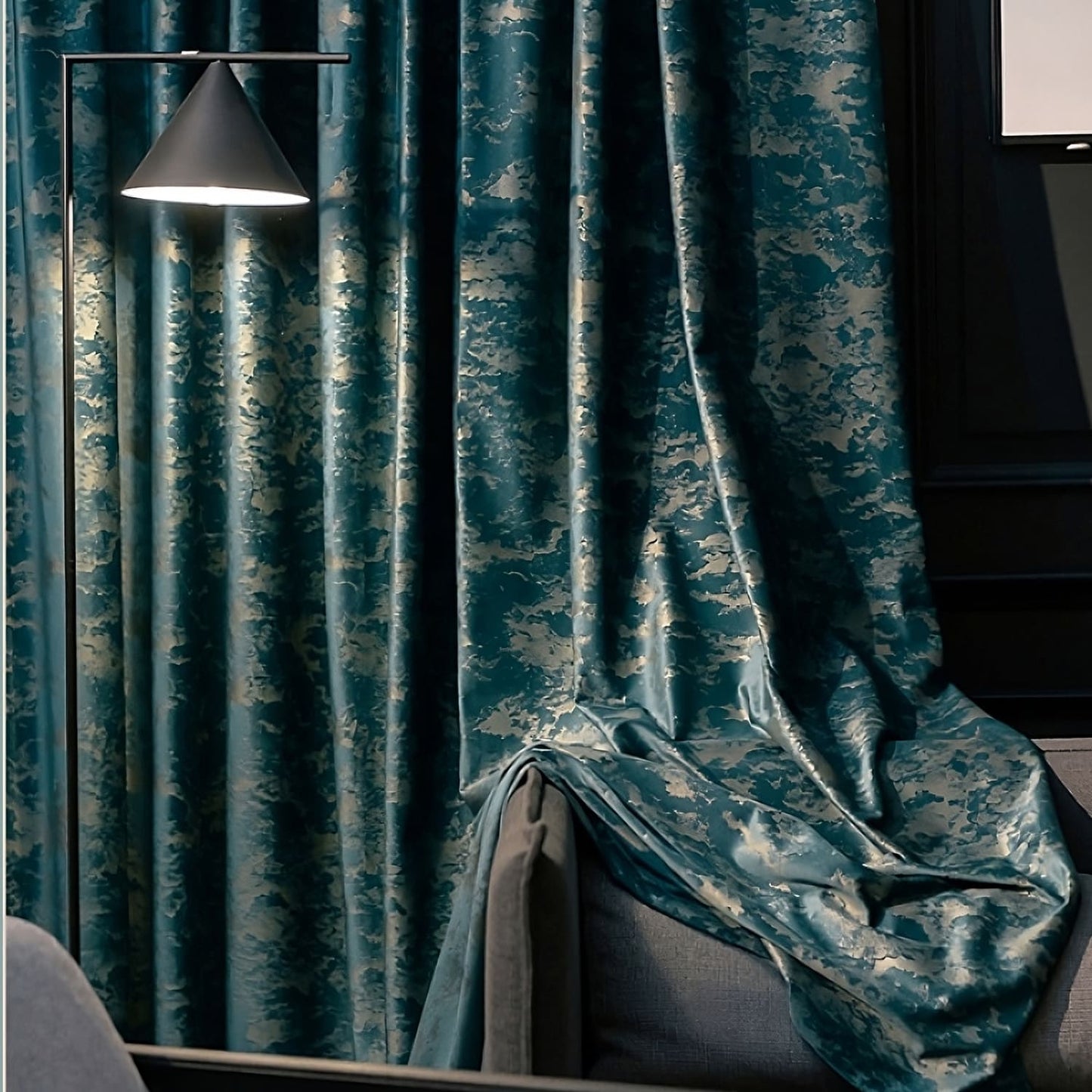 Luxurious Shimmering Green and Gold Velvet Textured Decorative Curtains