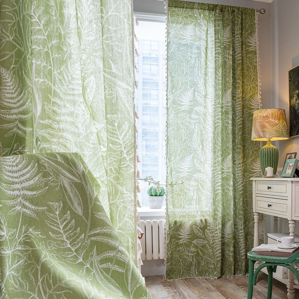 Plant Pattern Curtains Natrual Linen Green Drapes