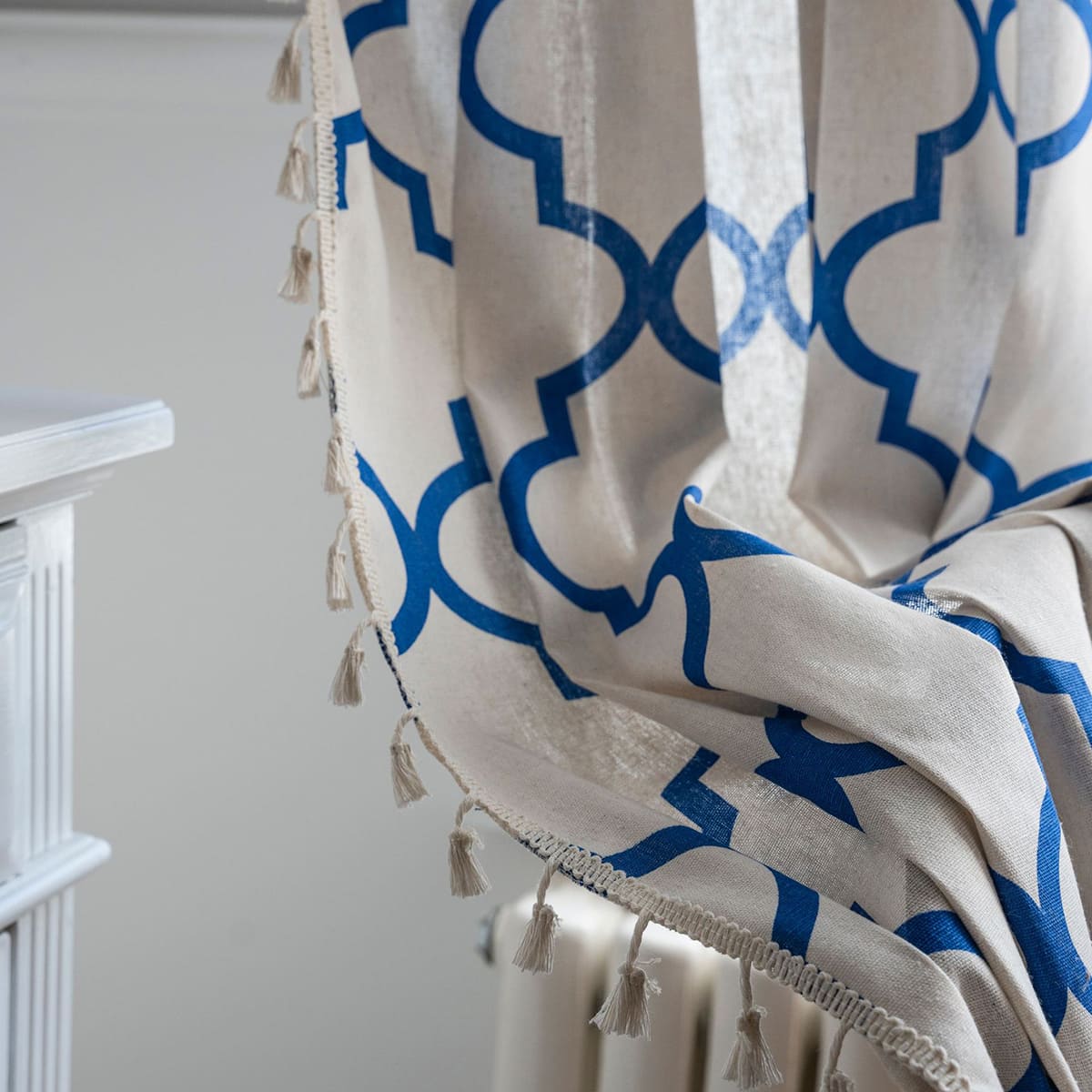 Bohemian Blue Geometric Quatrefoil Balloon Shade Curtains with Tassels