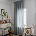 Embroidered Chain Pattern Blue Cotton Curtains Window Drapery
