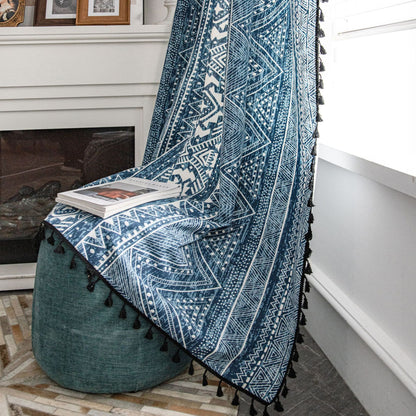 Elegant Bohemian Blue Geometric Pattern Curtain Drapes with Tassels