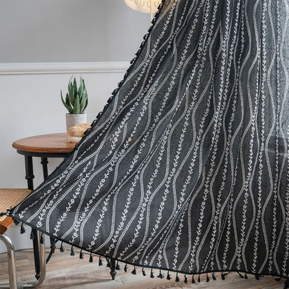 White Vine Pattern Sophisticated Black Curtains Black Tassels