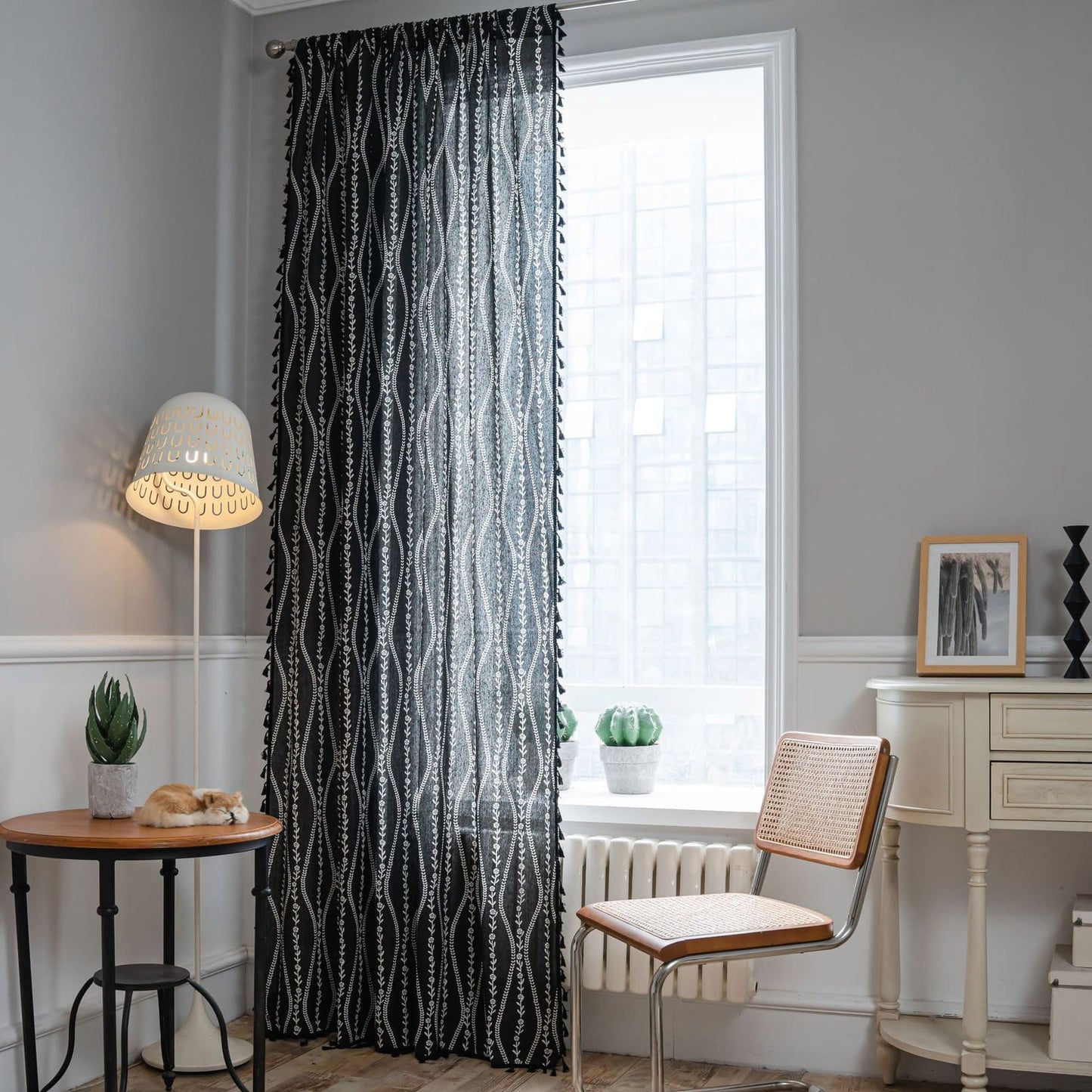 White Vine Pattern Sophisticated Black Curtains Black Tassels