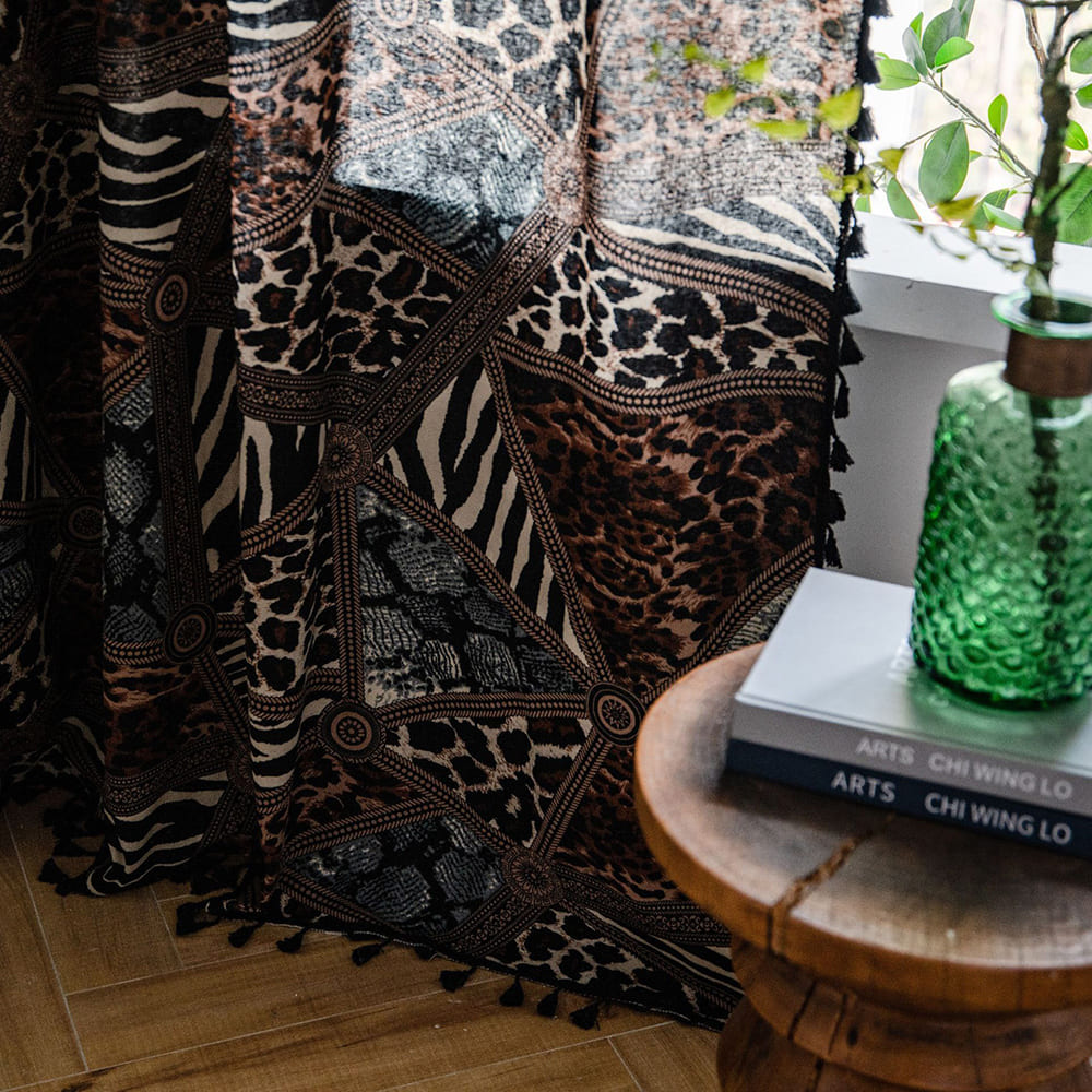 Exotic Safari Wild Leopard Patchwork Curtains Print Geometry Drapes With Black Tassels