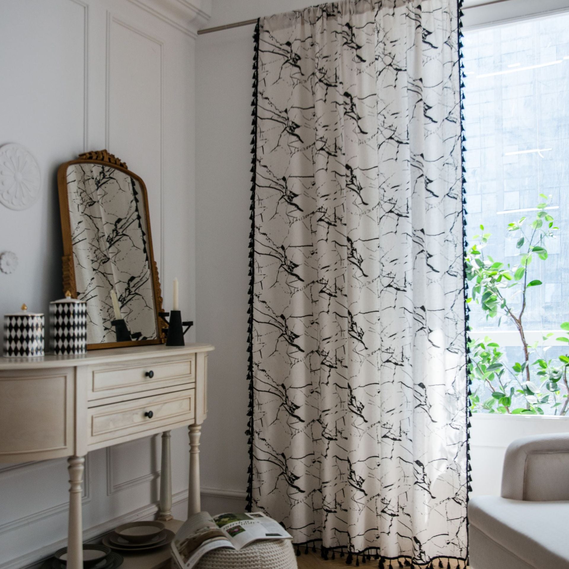 Classic White Mable Print Cotton Linen Curtains Window Drapes with Black Tassels