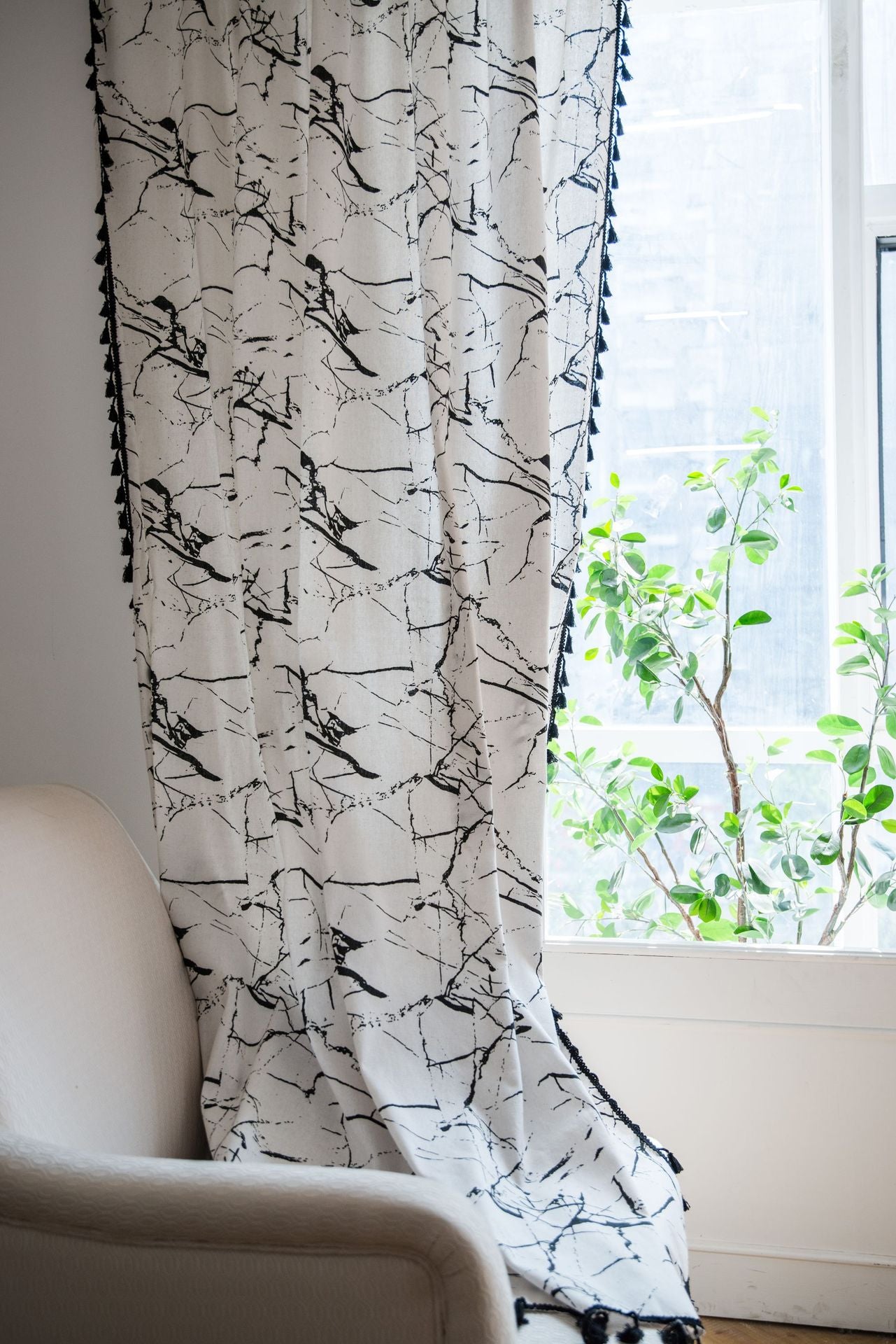 Classic White Mable Print Cotton Linen Curtains Window Drapes with Black Tassels