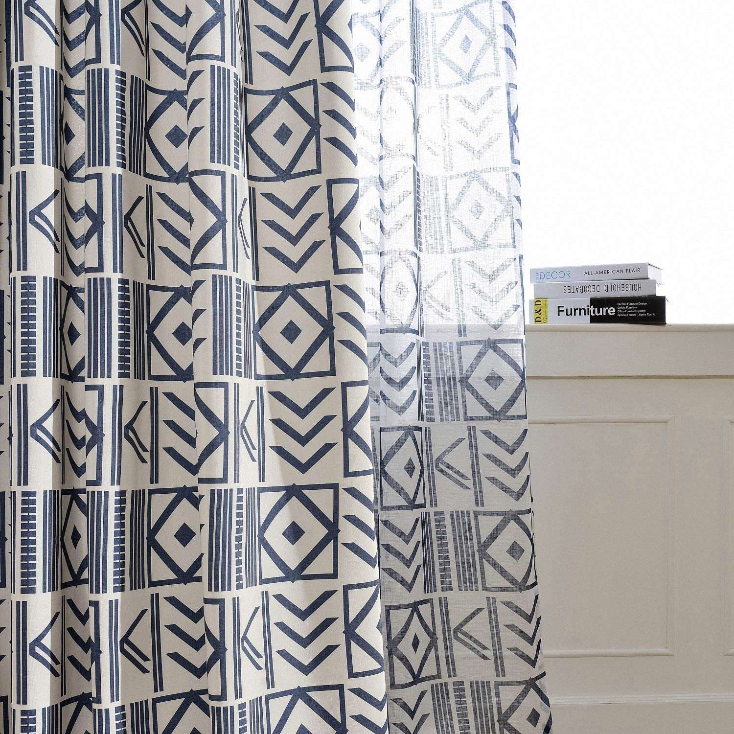 blue boho chic geometric curtains window drapes