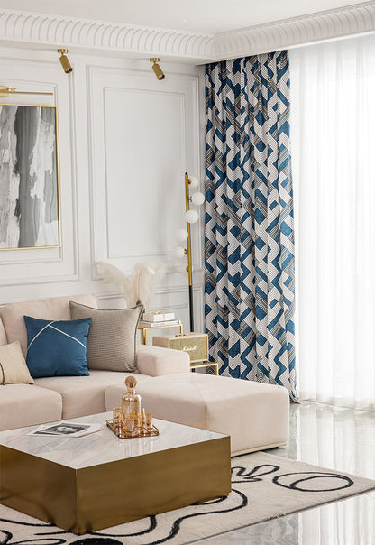 Blue Geometric Pattern Pinch Pleat Curtains Drapes for Bedroom