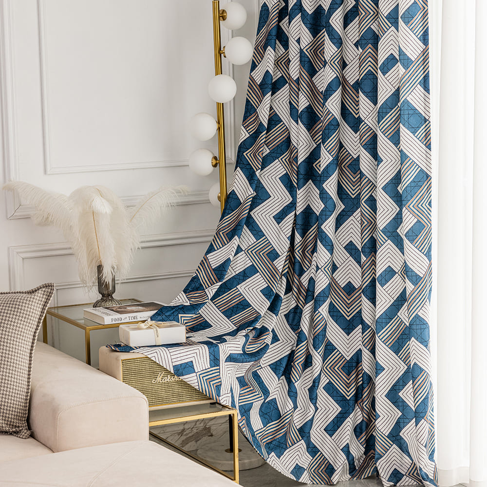 Blue Geometric Pattern Pinch Pleat Curtains Drapes for Bedroom