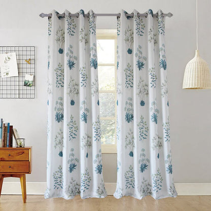 Blue leaf white grommet curtains bedroom insulated drapes