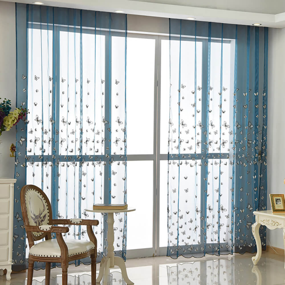 Blue Sheer Curtains White Butterfly Voile Drapes for Bedroom 1 Set of 2 Panels - Anady Top Space Design