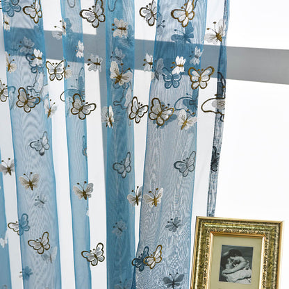 Blue Sheer Curtains White Butterfly Voile Drapes for Bedroom 1 Set of 2 Panels - Anady Top Space Design