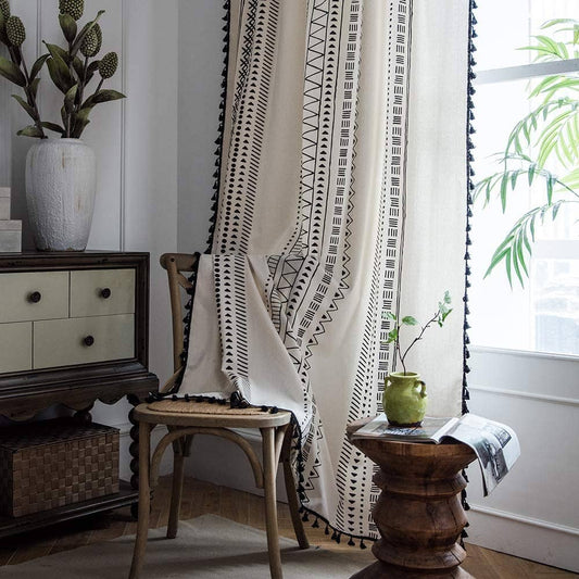 Geometric Bohemian Style Cotton Linen Cream Curtains with Tassels