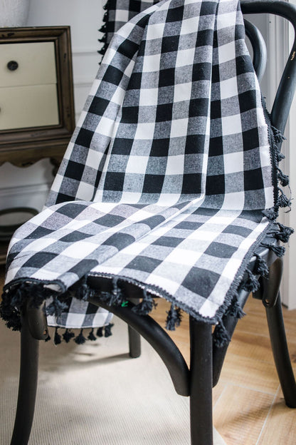 Classic Black and White Curtains Checkered Window Drapes with Tassels