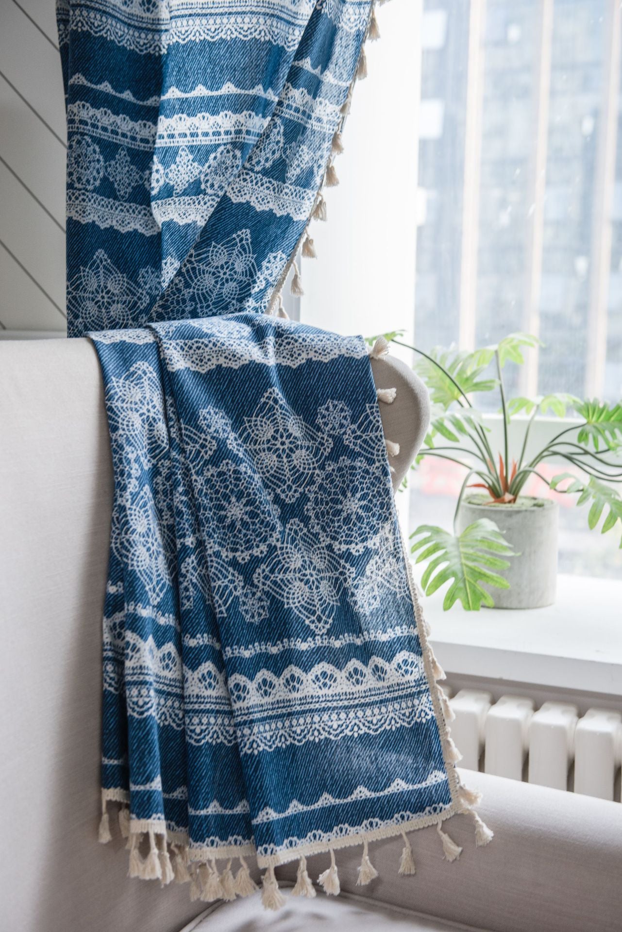 Classic Blue Denim Lace Cotton Linen Curtains Geometric Drapes with Tassels