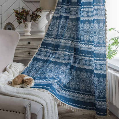 Classic Blue Denim Lace Cotton Linen Curtains Geometric Drapes with Tassels