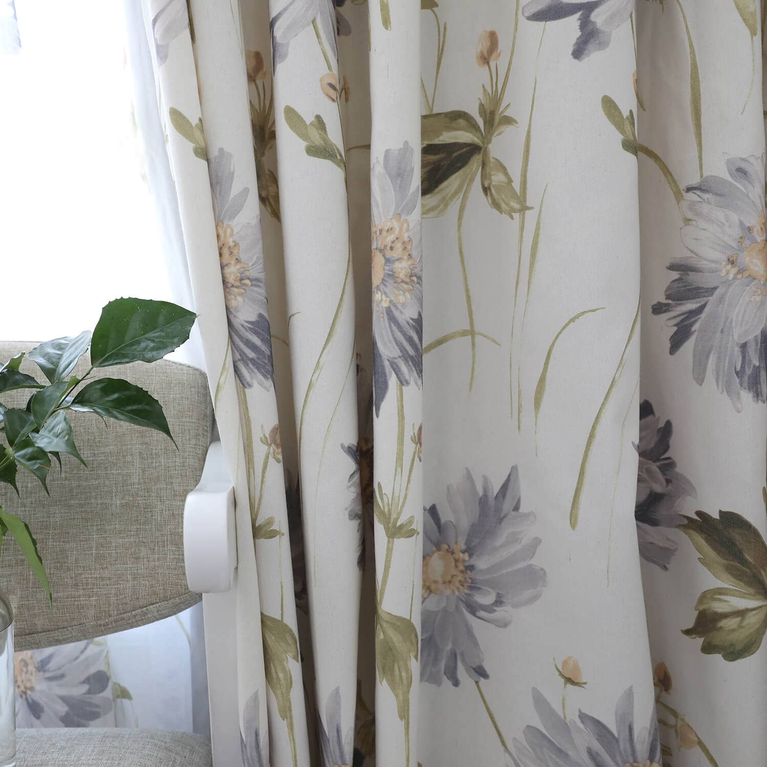 Grey Floral Curtain Panels , Living Room Bedroom Gray Flowers