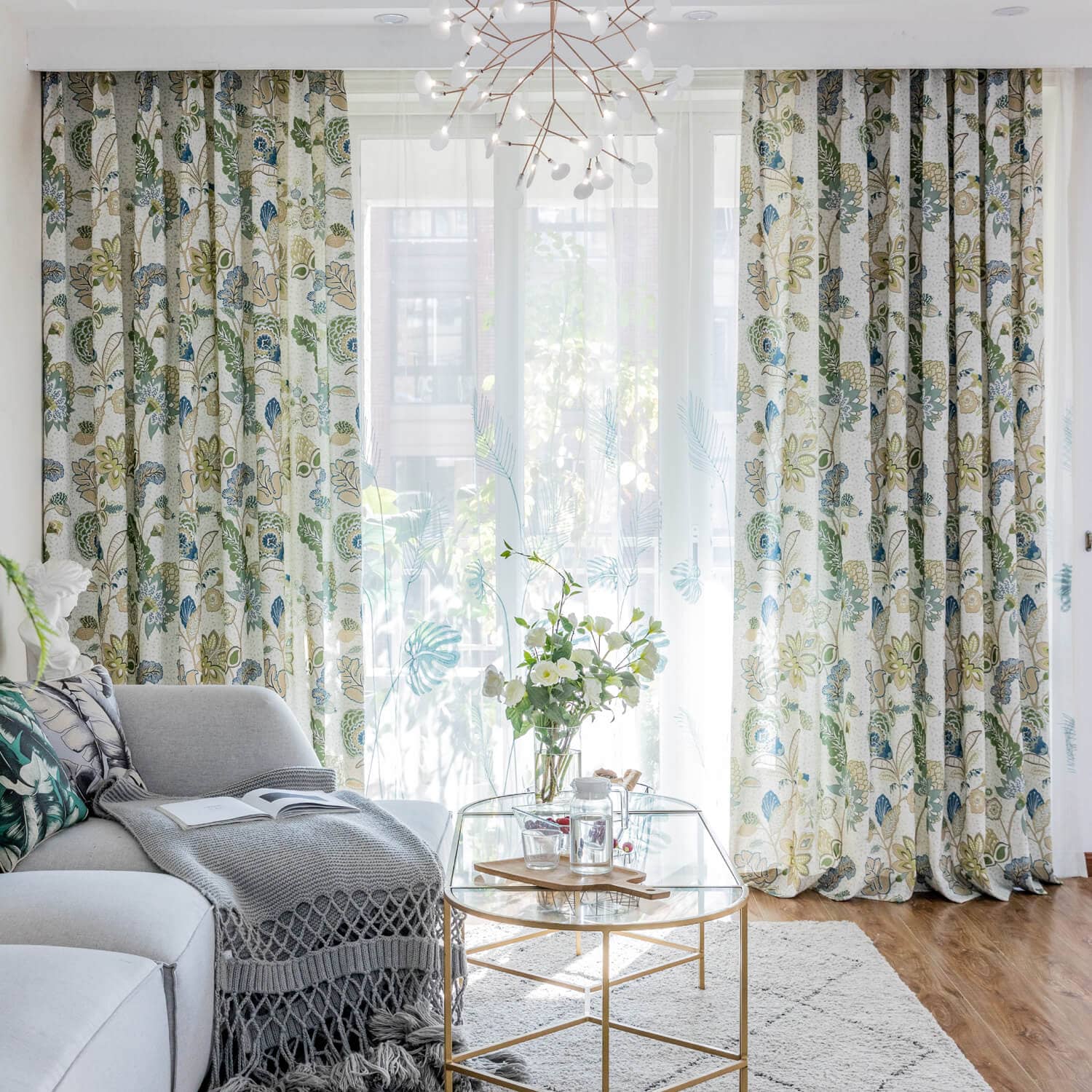 Green Leaf Blue Flower Curtains Jungle Pattern Drapes – Anady Top