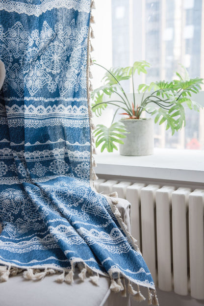 Classic Blue Denim Lace Cotton Linen Curtains Geometric Drapes with Tassels