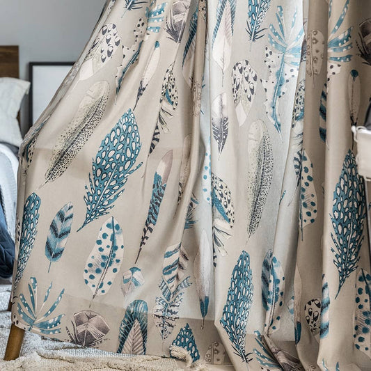 Blue Feathers Pattern Curtains Morden Fashion Drapes