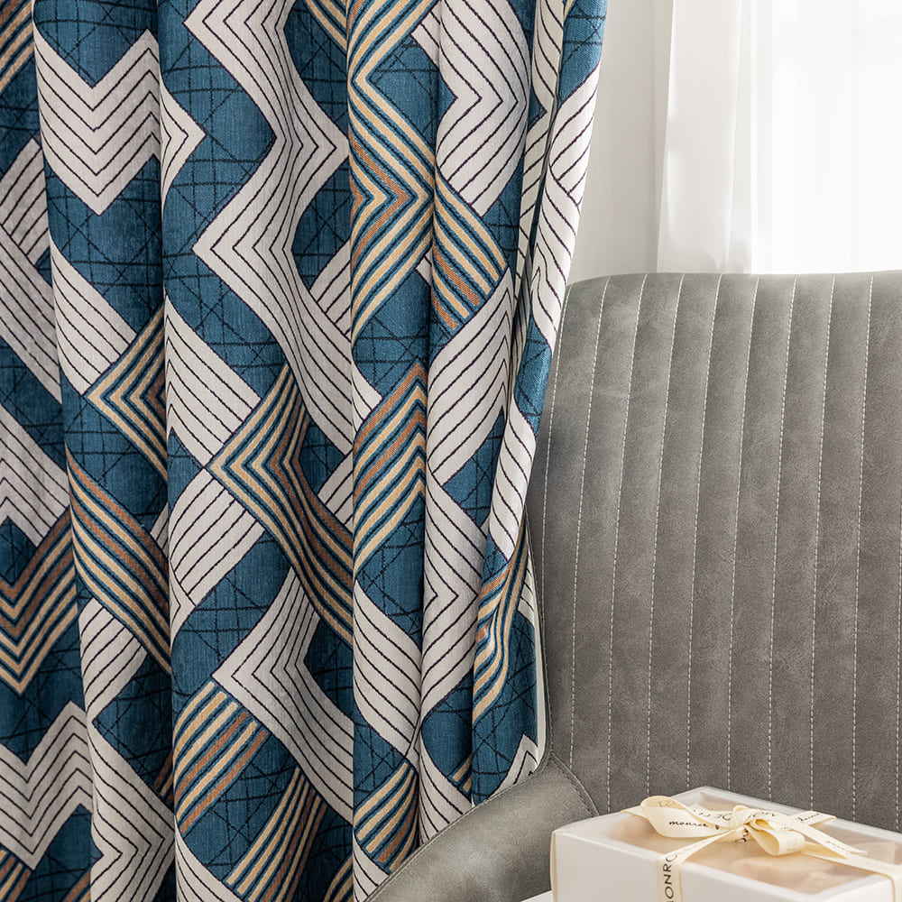 Blue Geometric Pattern Curtains Drapes for Bedroom