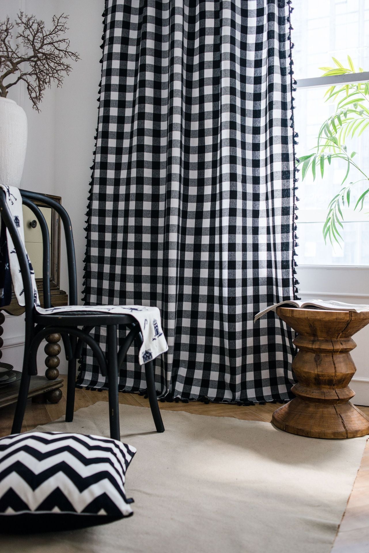 Classic Black and White Curtains Checkered Window Drapes with Tassels