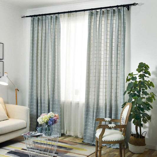 Plaid Embroidered Natural Linen Curtains Window Check Drapes for Living Room