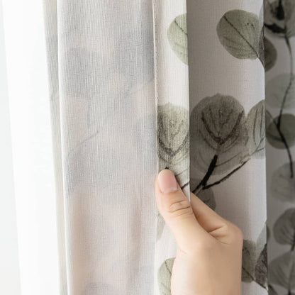 Artistic Gray Ink Leaves Curtains Window Drapes 2 Panels