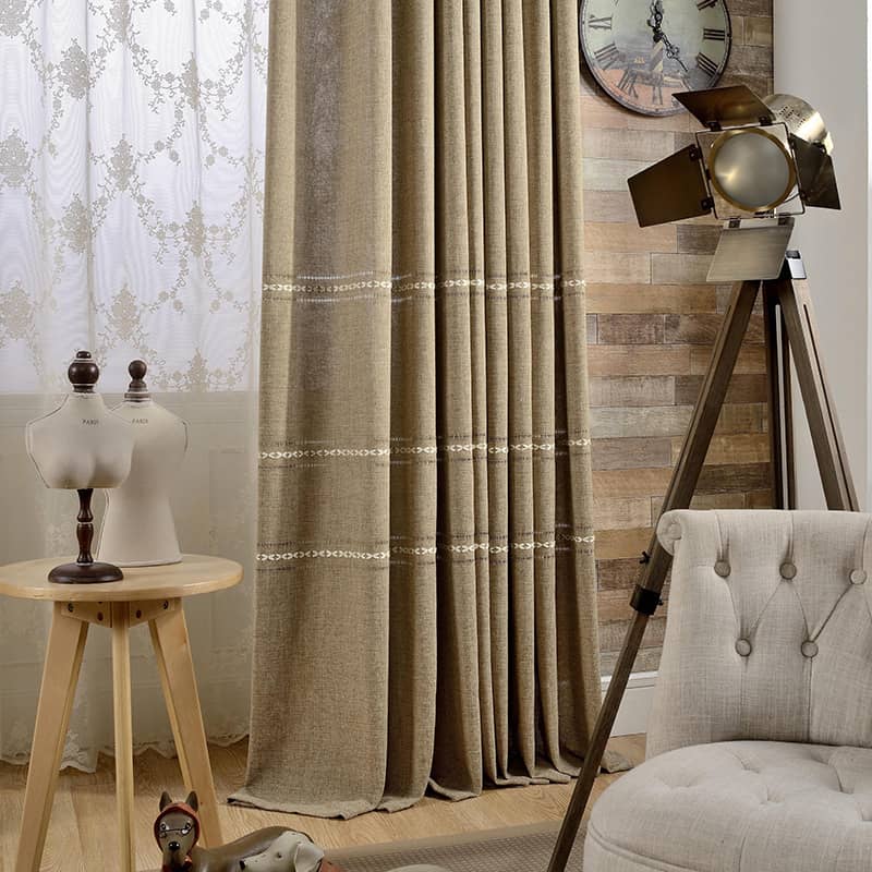 Classic Retro Embroidery Natural Linen Darkening Curtains Drapes